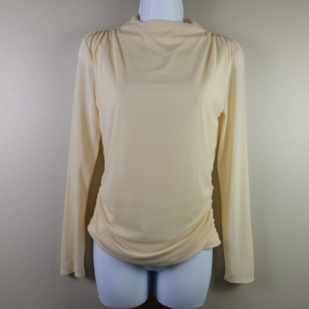AQUA Nude Funnel Neck Mesh Ruched Long Sleeves Top Size Small